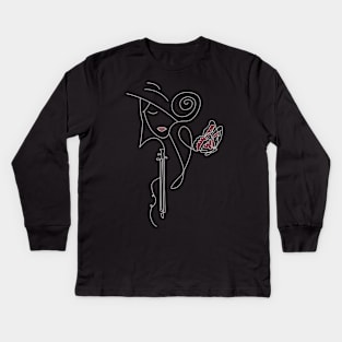 Abstract Woman with Butterfly  - Line Art Drawing Kids Long Sleeve T-Shirt